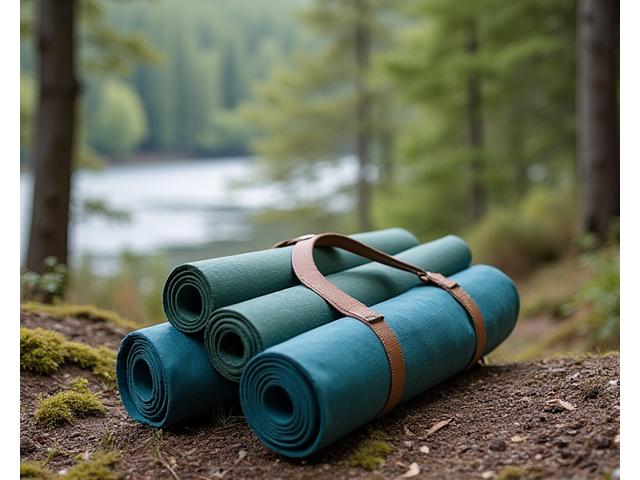 Outdoor yoga kit for families with a mat, bottle, and props in a nature setting