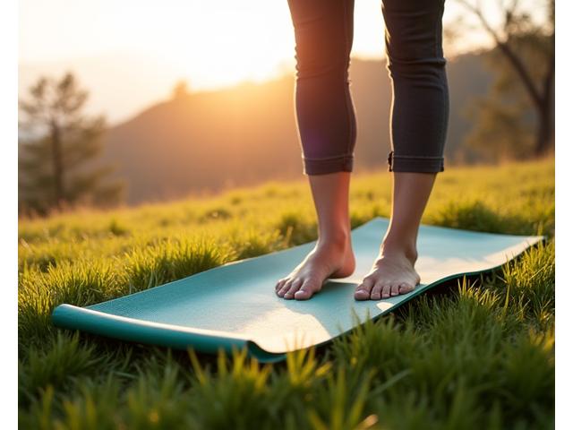 EcoMat Pro yoga mat on a grassy hill with morning light