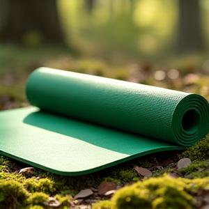 Versatile green yoga mat laid out on a forest floor, surrounded by moss and sunlight, showcasing durability.