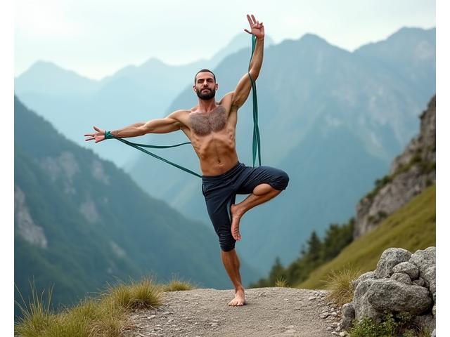 Yoga practitioner carefully using a strap on a rocky mountain path, emphasizing safety and control